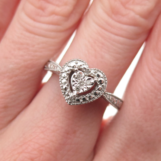 925 Sterling Silver Real Round-Cut Diamond Heart Ring Size 7
