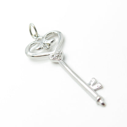 925 Sterling Silver Real Round-Cut White Diamond Heart Key Pendant