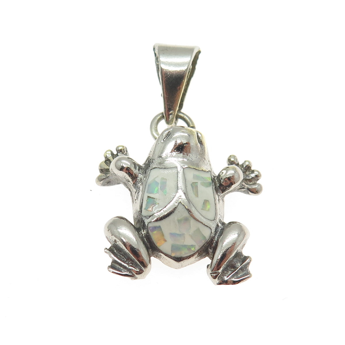 925 Sterling Silver Vintage Real Opal Inlay Frog For Good Luck Oxidized Pendant