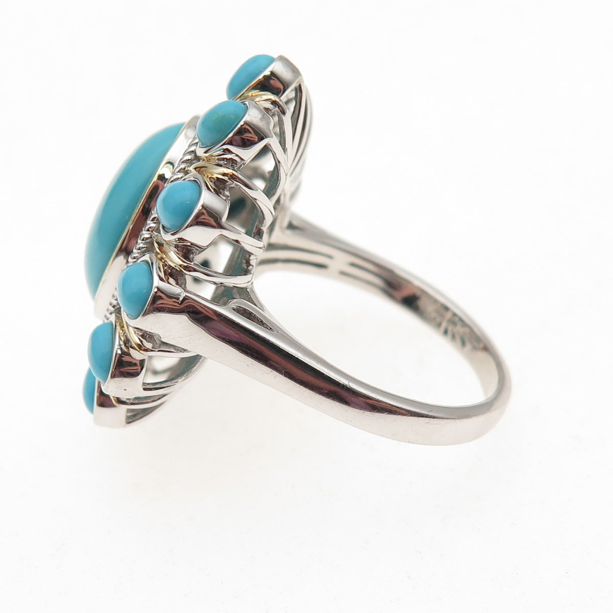 925 Sterling Silver Real Sleeping Beauty Turquoise Floral Ring Size 8.25