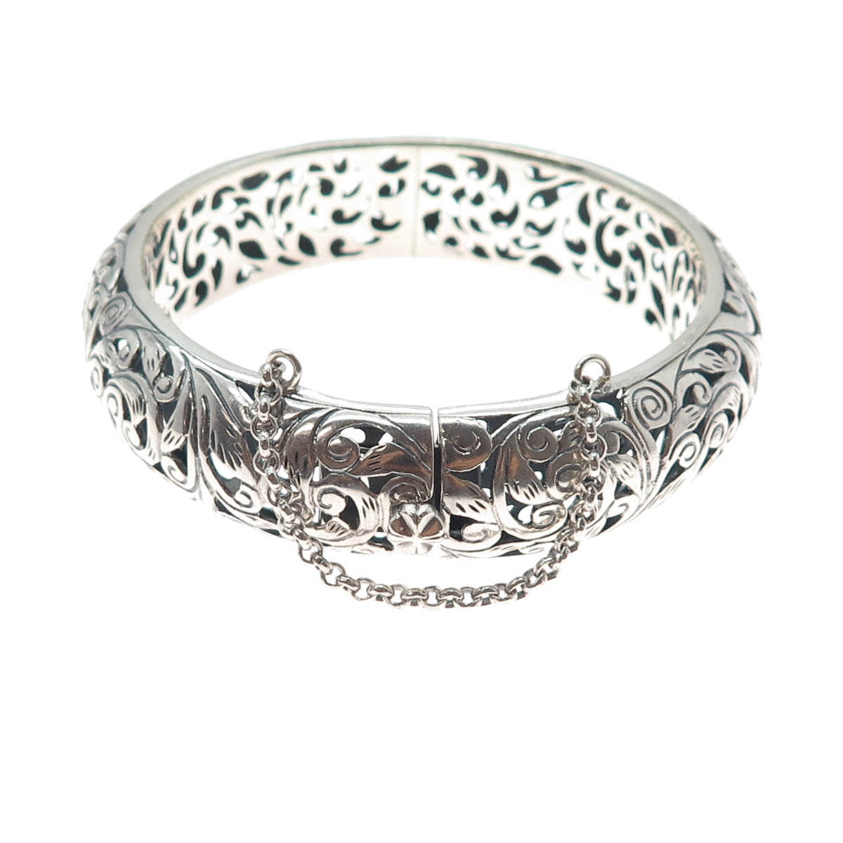 925 Sterling Silver Vintage Floral Ornate Oxidized Bangle Bracelet 7.75"