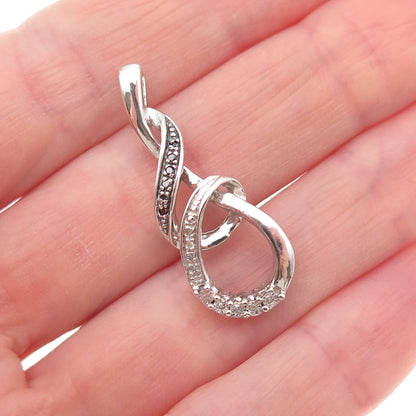 925 Sterling Silver Real Black & White Diamond Twisted Charm Pendant