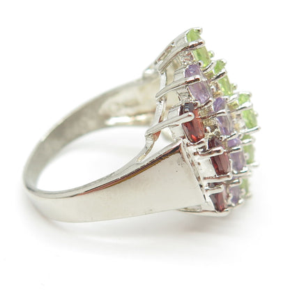 925 Sterling Silver Vintage Amethyst Citrine Peridot Garnet Gem Ring Size 8.25