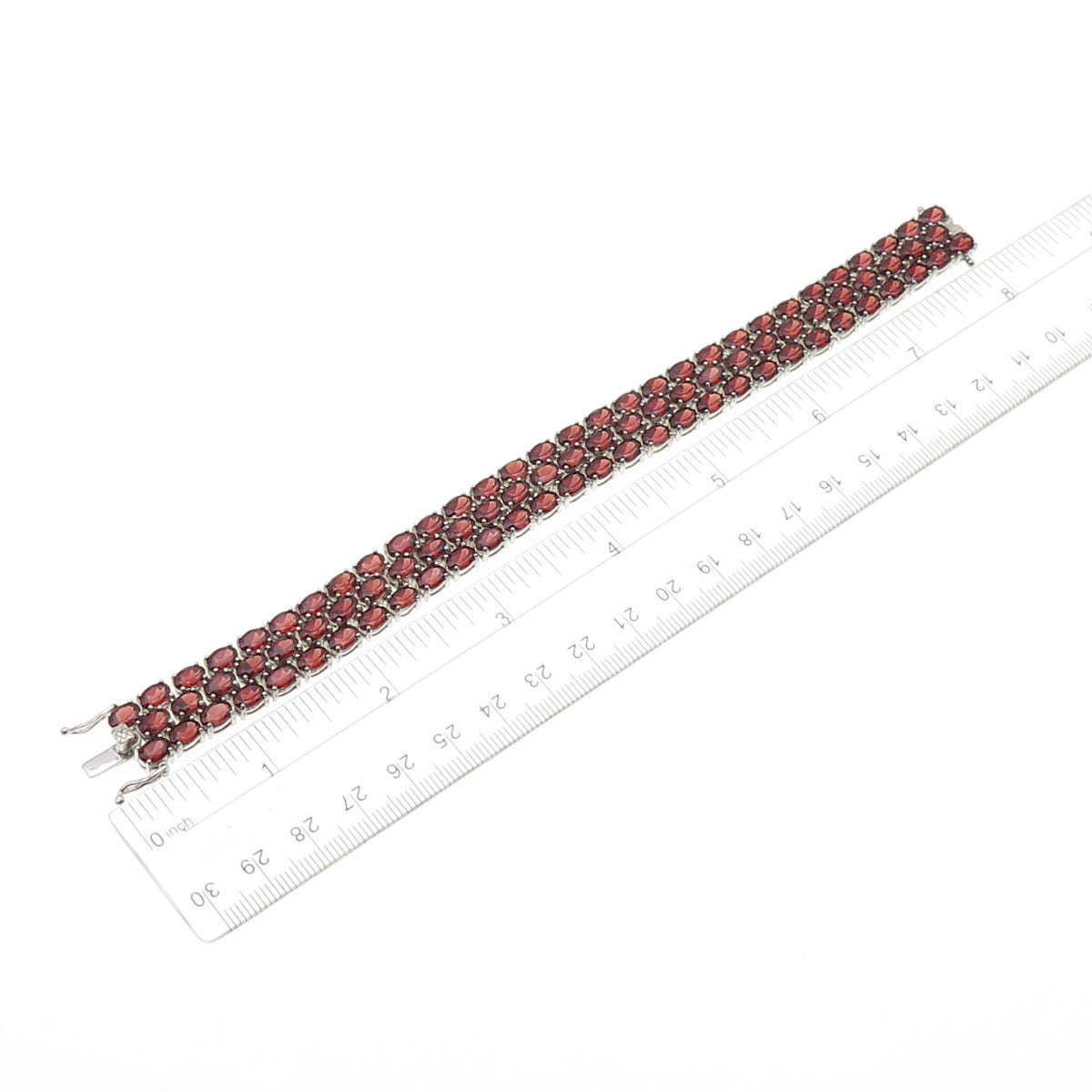 925 Sterling Silver Vintage Real Oval-Cut Red Garnet 3-Row Link Bracelet 7.5"