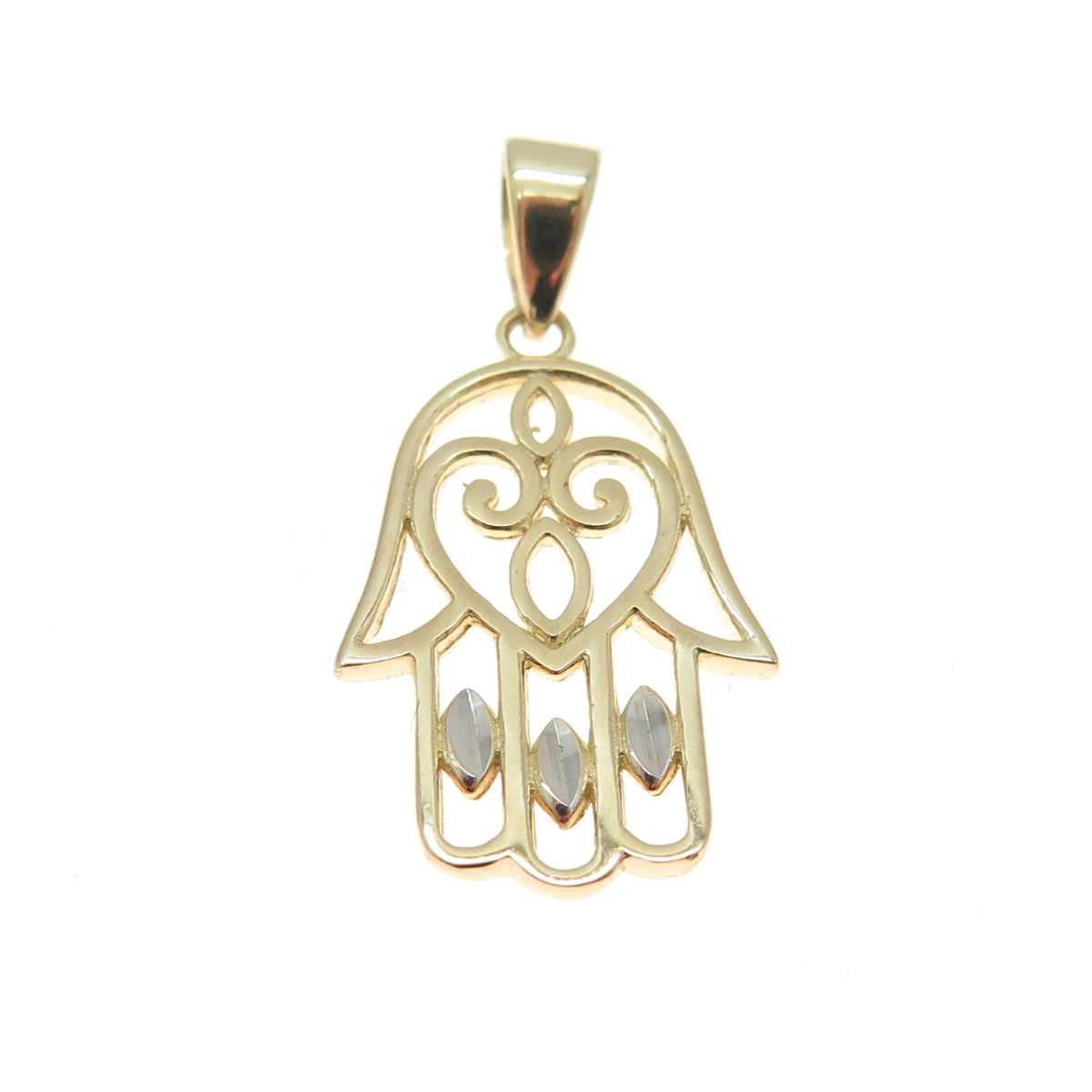 14K Yellow & White Gold Diamond-Cut Heart Hamsa Amulet Minimalist Charm Pendant