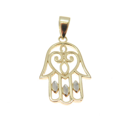 14K Yellow & White Gold Diamond-Cut Heart Hamsa Amulet Minimalist Charm Pendant