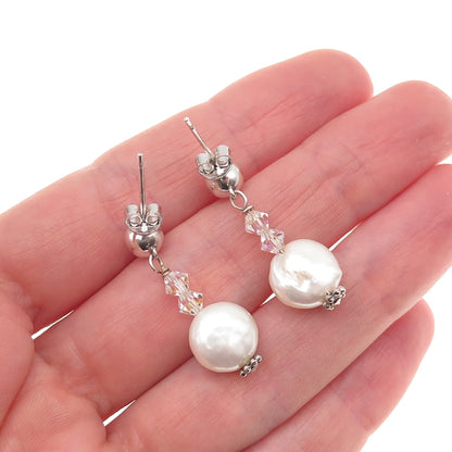 925 Sterling Silver Real Pearl & Crystal Dangle Earrings
