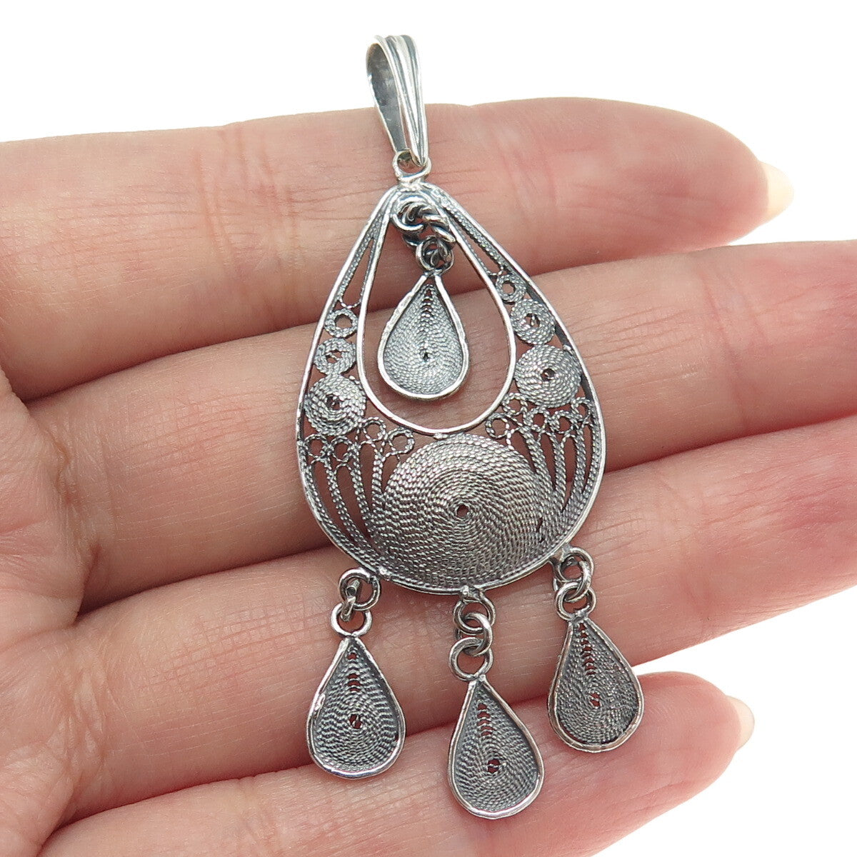 925 Sterling Silver Vintage Filigree Teardrop Shape Oxidized Dangle Pendant