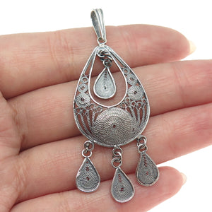 925 Sterling Silver Vintage Filigree Teardrop Shape Oxidized Dangle Pendant