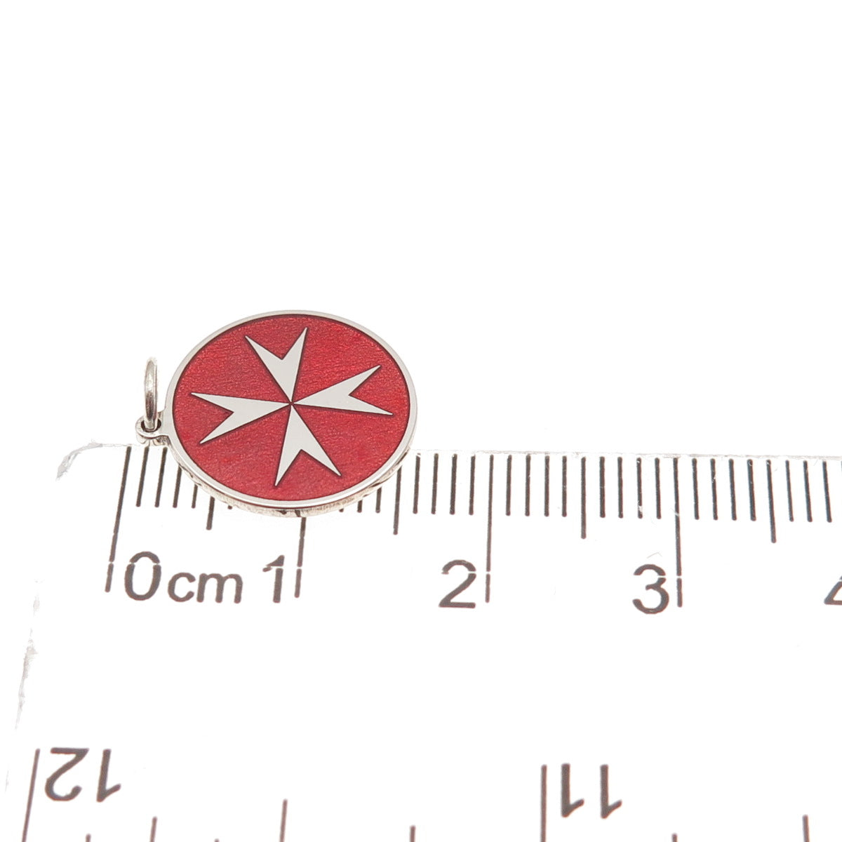 925 Sterling Silver Red Enamel Maltese Cross Round Tag Mini Charm Pendant