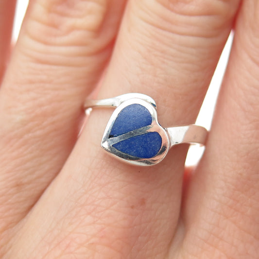 925 Sterling Silver Vintage Real Lapis Modernist Heart Ring Size 7