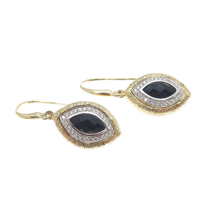 FADI 925 Sterling Silver Gold Plated Real Black Onyx & C Z Dangle Earrings