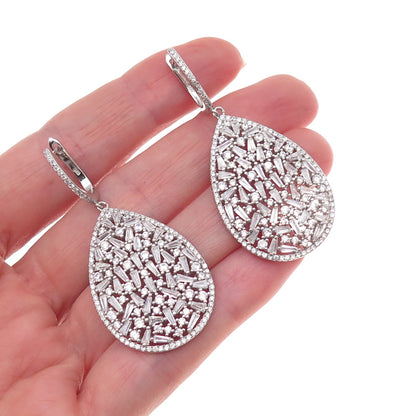 925 Sterling Silver Multi-Cut C Z Cluster Teardrop Dangle Earrings