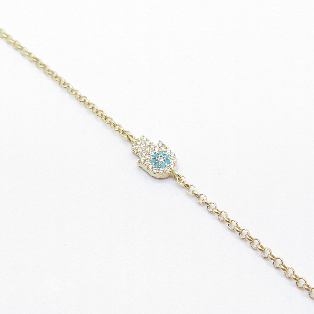 925 Sterling Silver Gold Plated C Z Hamsa Rolo Link Bracelet 6.25"