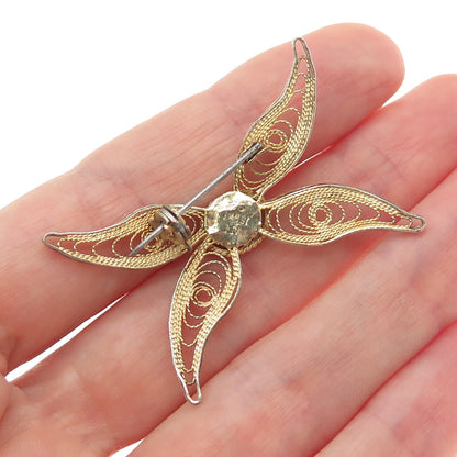 925 Sterling Gold Plated Vintage Israel Real MOP Butterfly Filigree Pin Brooch