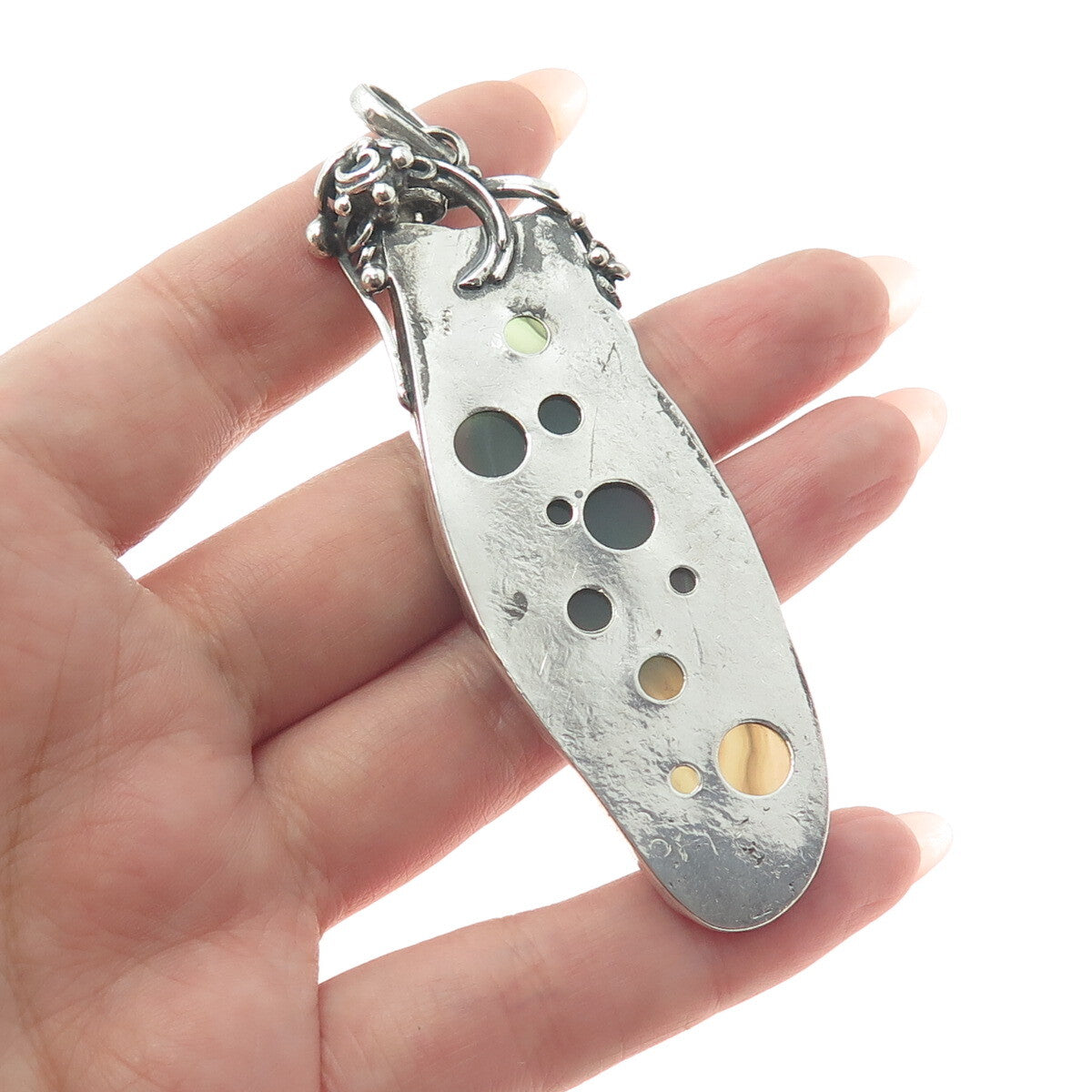 925 Sterling Silver Vintage Real Agate Modernist Oxidized Pendant
