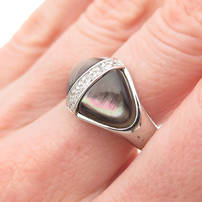925 Sterling Silver Real Abalone Shell & C Z Modernist Ring Size 8.75