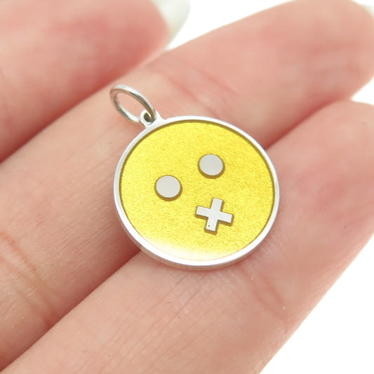 925 Sterling Silver Yellow Enamel Cross Mouth Emoji Minimalist Charm Pendant