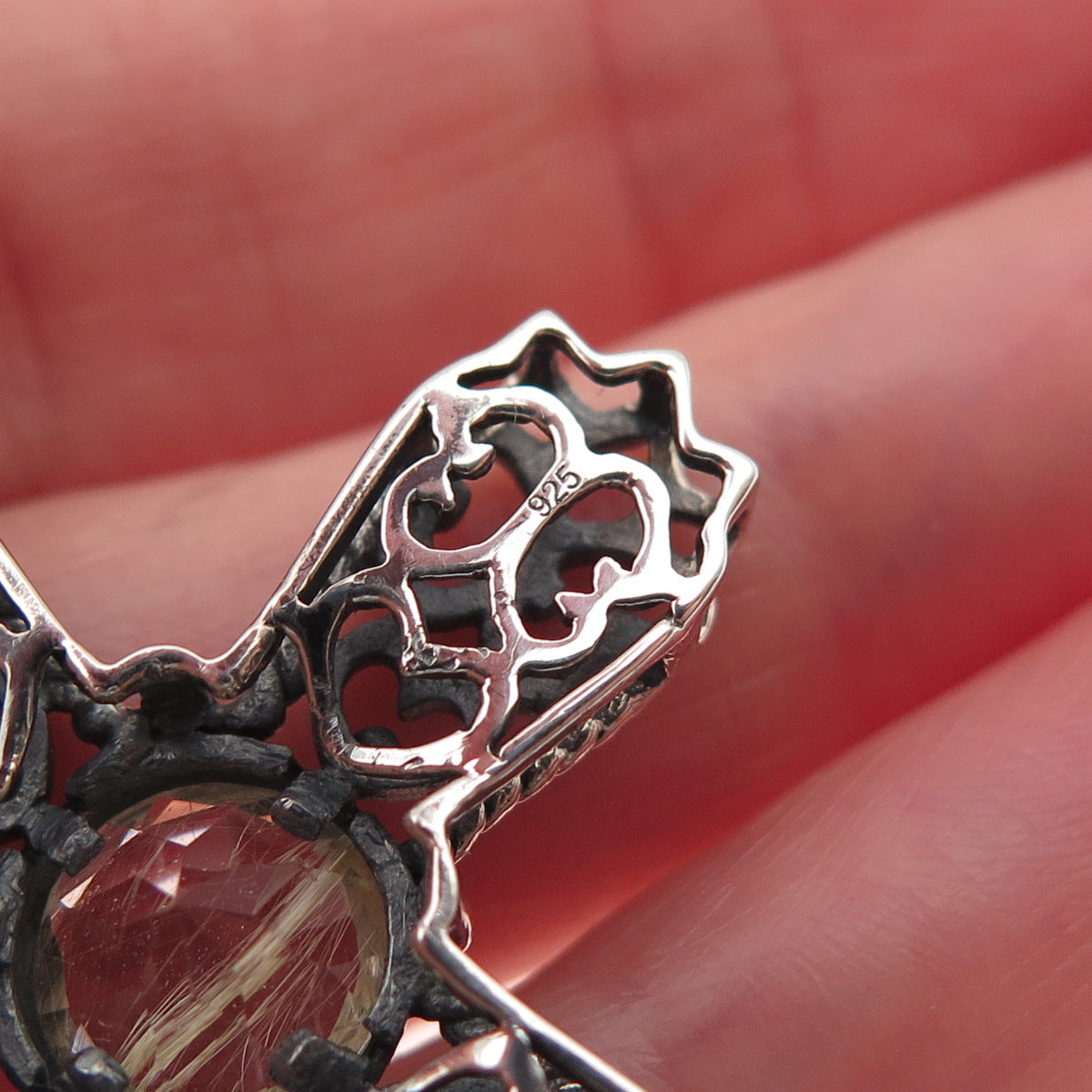 925 Sterling Vintage Real Rutilated Quartz Cross Fleur de Lis Charm Pendant