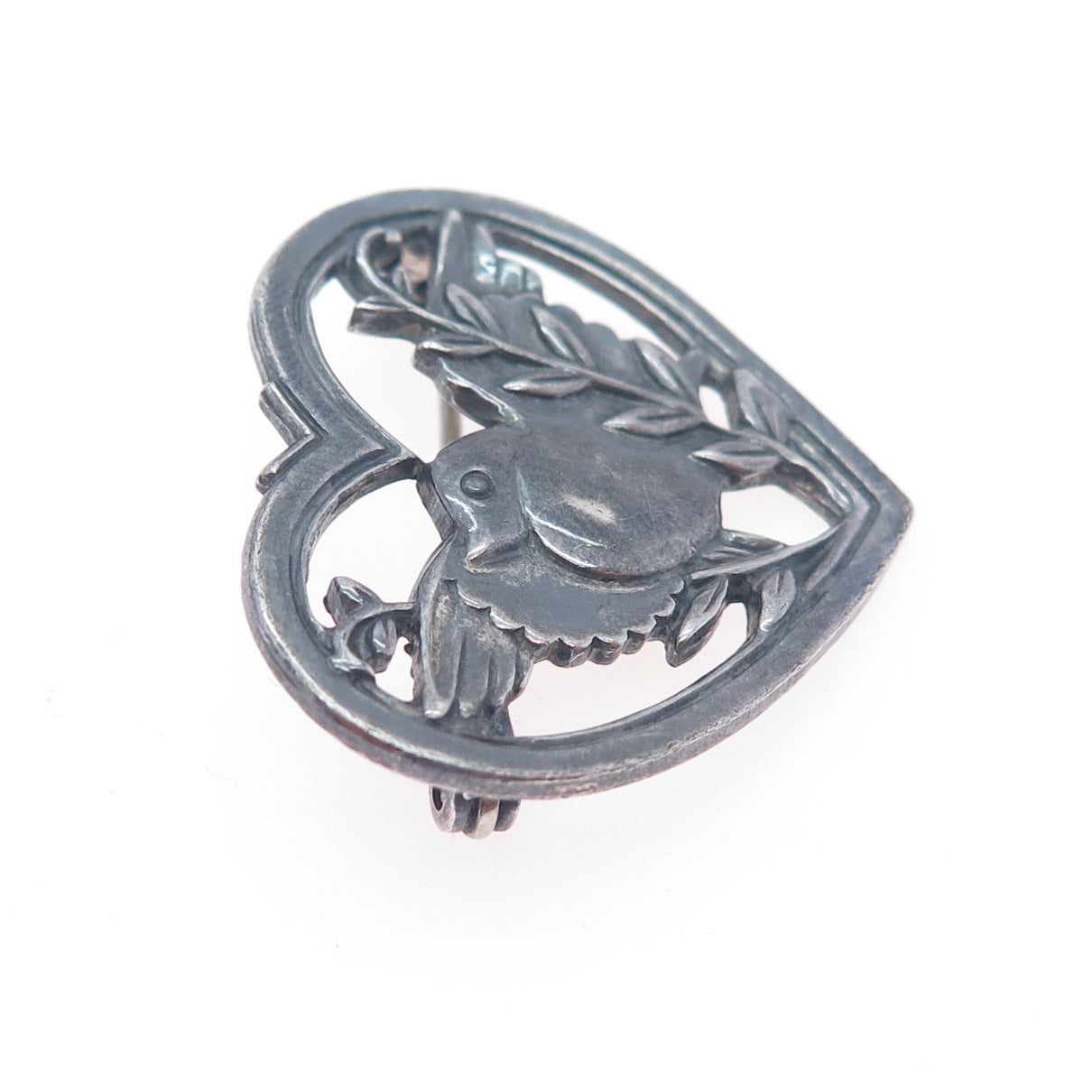 CORO 925 Sterling Silver Antique Art Deco Dove Bird Heart Oxidized Pin Brooch