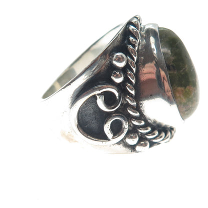 925 Sterling Silver Vintage Real Pear-Cut Unakite Heart Oxidized Ring Size 8.5