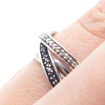 925 Sterling Silver Real Round-Cut Black & White Diamond Crisscross Ring Size 7