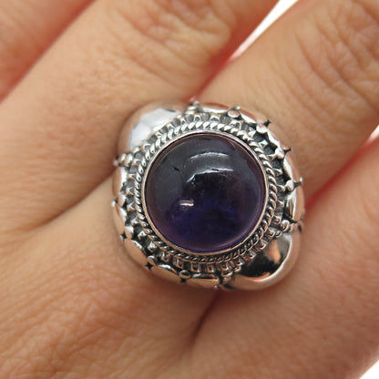 925 Sterling Silver Vintage Real Amethyst Dotted Oxidized Ring Size 8