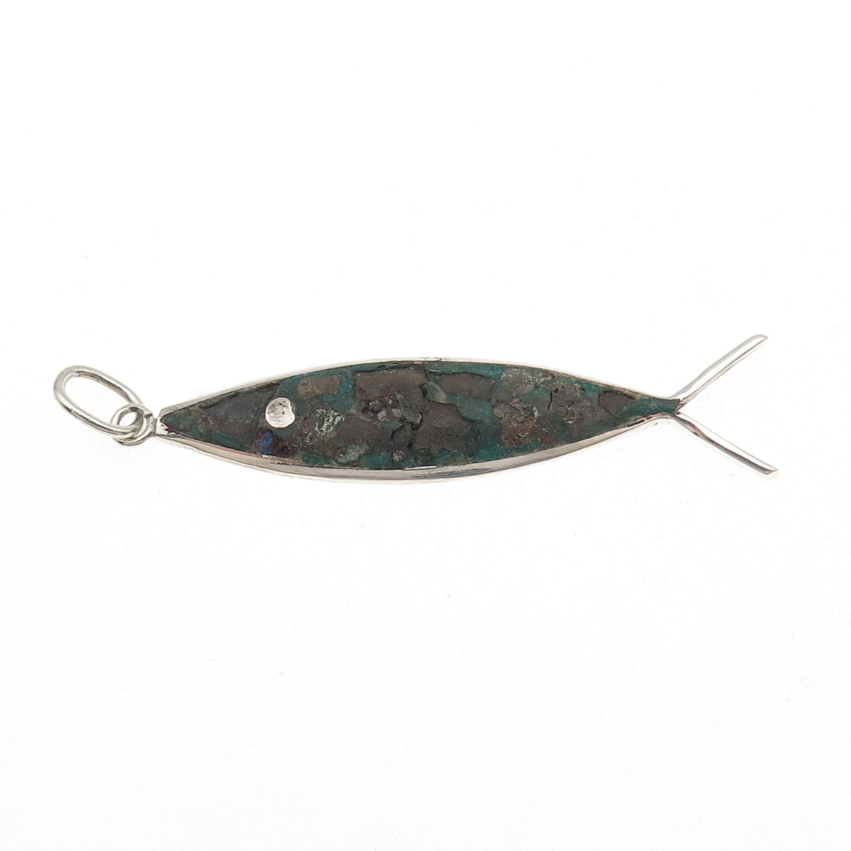925 Sterling Silver Vintage Mexico Real Turquoise Inlay Ichthys Charm Pendant
