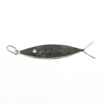 925 Sterling Silver Vintage Mexico Real Turquoise Inlay Ichthys Charm Pendant