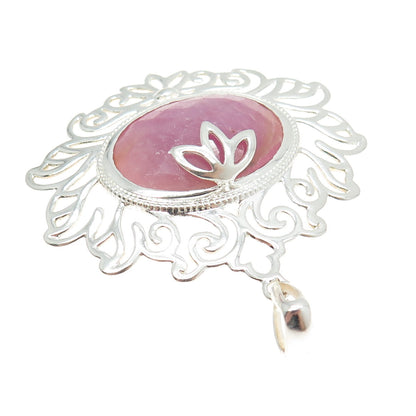 925 Sterling Silver Real Pink Sapphire Gemstone Ornate Pendant