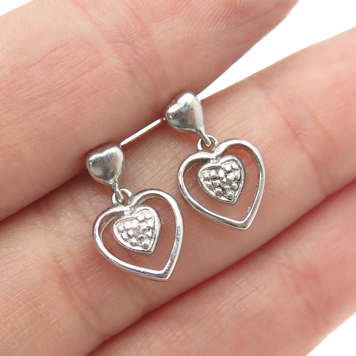 925 Sterling Silver Real Round-Cut Diamond Heart Dangling Earrings