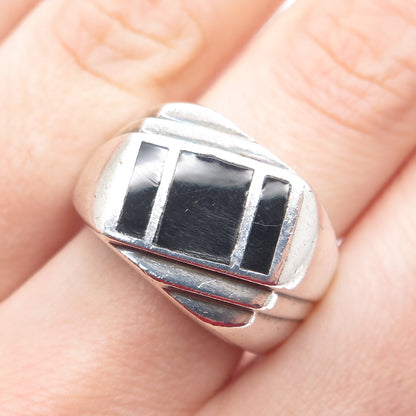 925 Sterling Silver Vintage Real Black Onyx Gemstone Ribbed Ring Size 7.5
