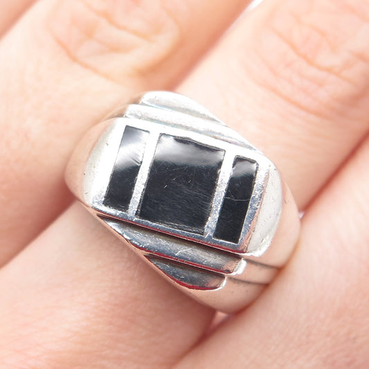 925 Sterling Silver Vintage Real Black Onyx Gemstone Ribbed Ring Size 7.5