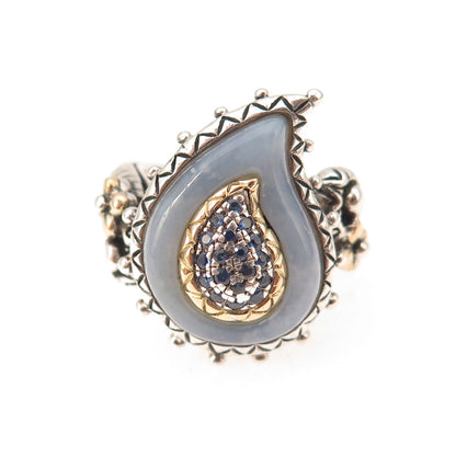 Barbara Bixby 925 Sterling 18K Gold Chalcedony & Sapphire Paisley Ring Size 5.25