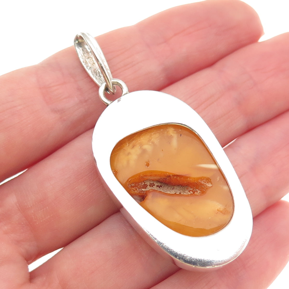 925 Sterling Silver Vintage Real Butterscotch Amber Modernist Pendant