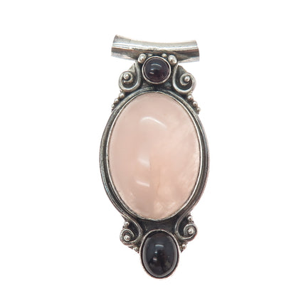 925 Sterling Silver Vintage Real Rose Quartz Tourmaline Rhodonite Slide Pendant