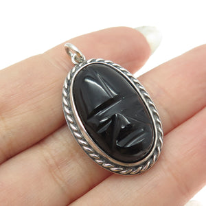 925 Sterling Silver Vintage Real Carved Black Onyx Gemstone Tribal Face Pendant