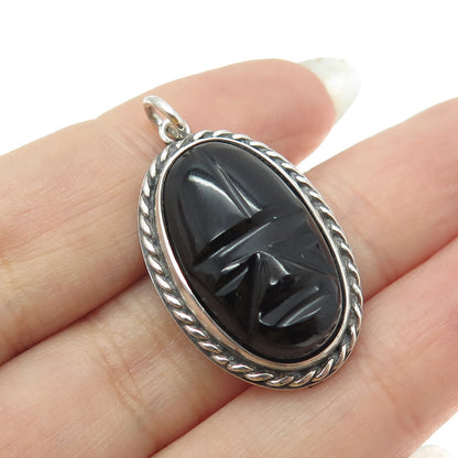 925 Sterling Silver Vintage Real Carved Black Onyx Gemstone Tribal Face Pendant