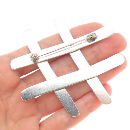 925 Sterling Silver Vintage Mexico Hashtag Symbol Large Pin Brooch