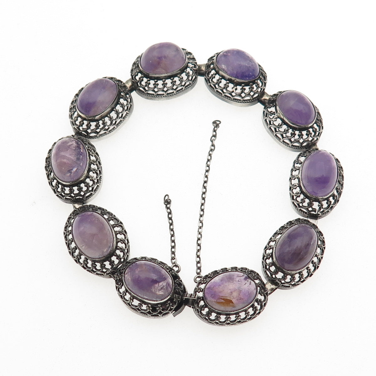 925 Sterling Silver Antique Art Deco Germany Real Amethyst Bracelet 6.75"