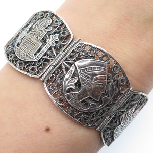 800 Silver Antique Egyptian Storyteller Filigree Oxidized Panel Link Bracelet 7"