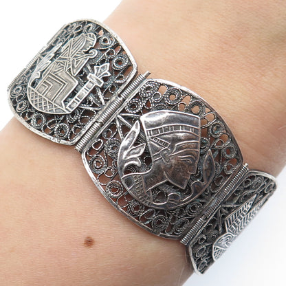 800 Silver Antique Egyptian Storyteller Filigree Oxidized Panel Link Bracelet 7"