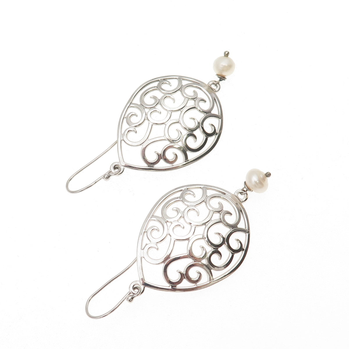 925 Sterling Silver Real Pearl Scroll Dangle Earrings