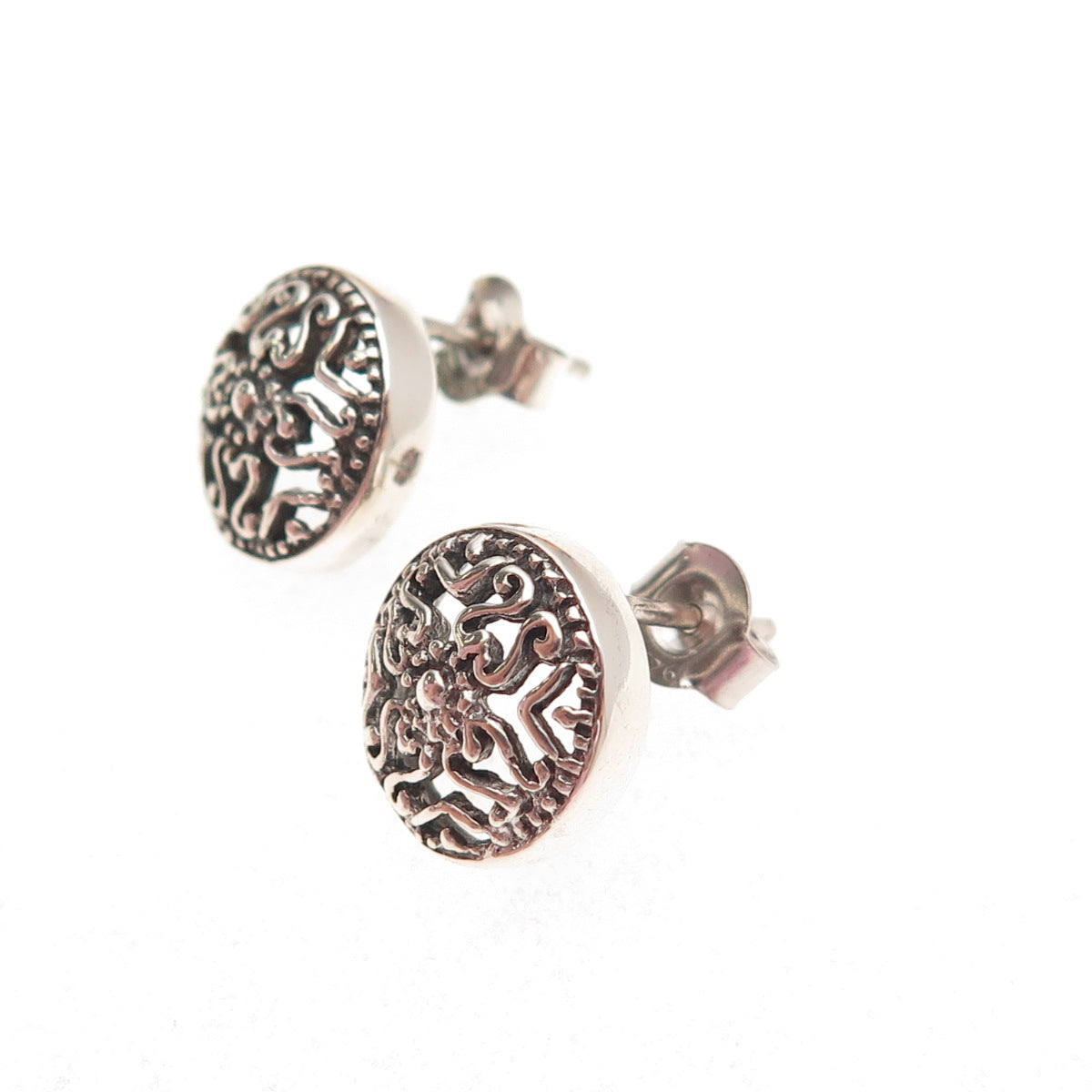 925 Sterling Silver Vintage Heart Cross Disc Oxidized Stud Earrings