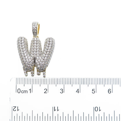 925 Sterling Silver Gold Plated Round-Cut Shaped C Z Letter W Sparkle Pendant