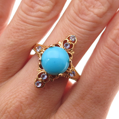 Chuck Clemency 925 Sterling Gold Plated Real Turquoise & Tanzanite Ring Size 8