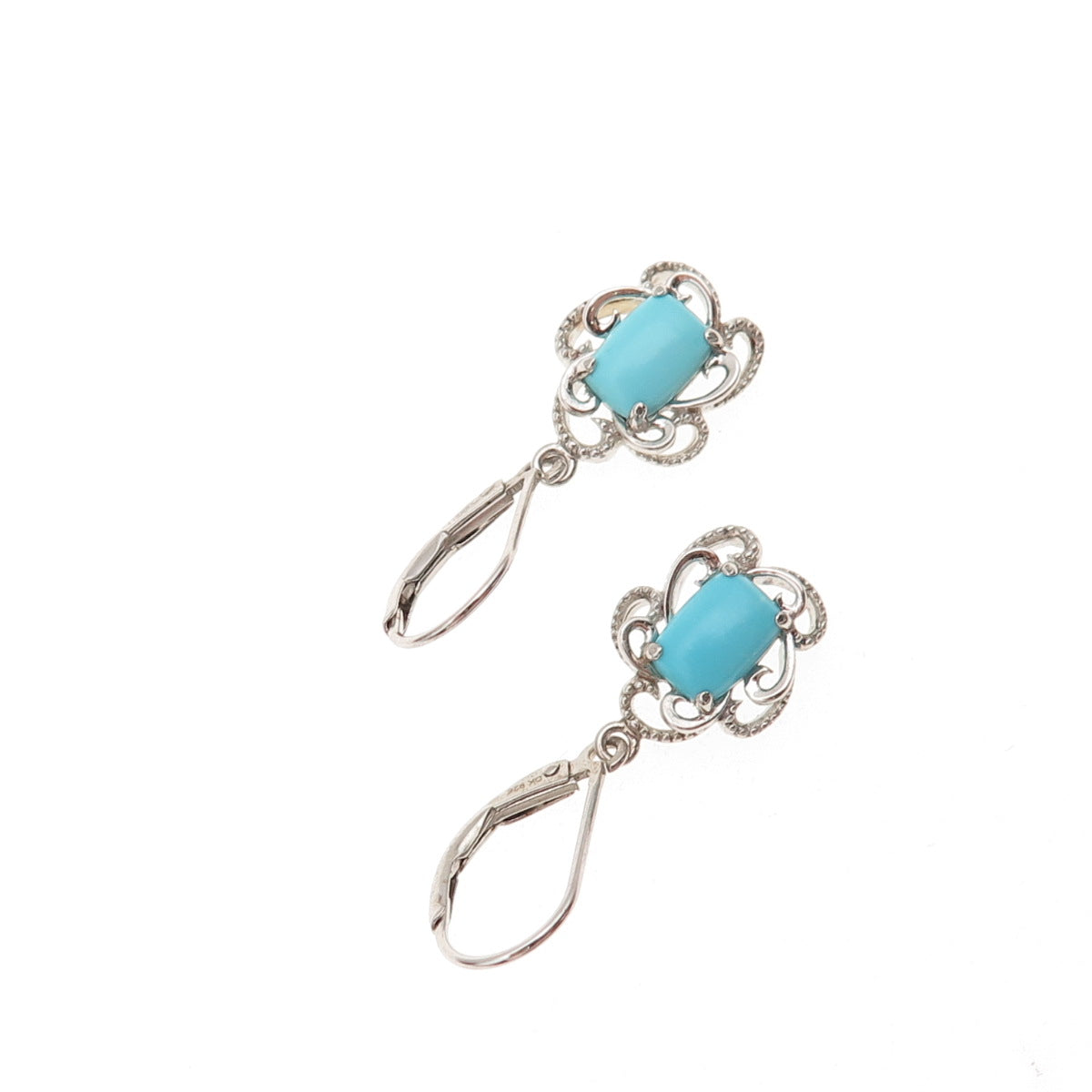 925 Sterling Silver Real Sleeping Beauty Turquoise Floral Dangle Earrings