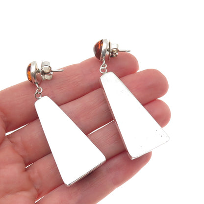 925 Sterling Silver Vintage Real Amber Modernist Dangle Earrings