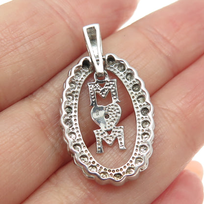 925 Sterling Silver Real Round-Cut Diamond Accent "MOM" Pendant