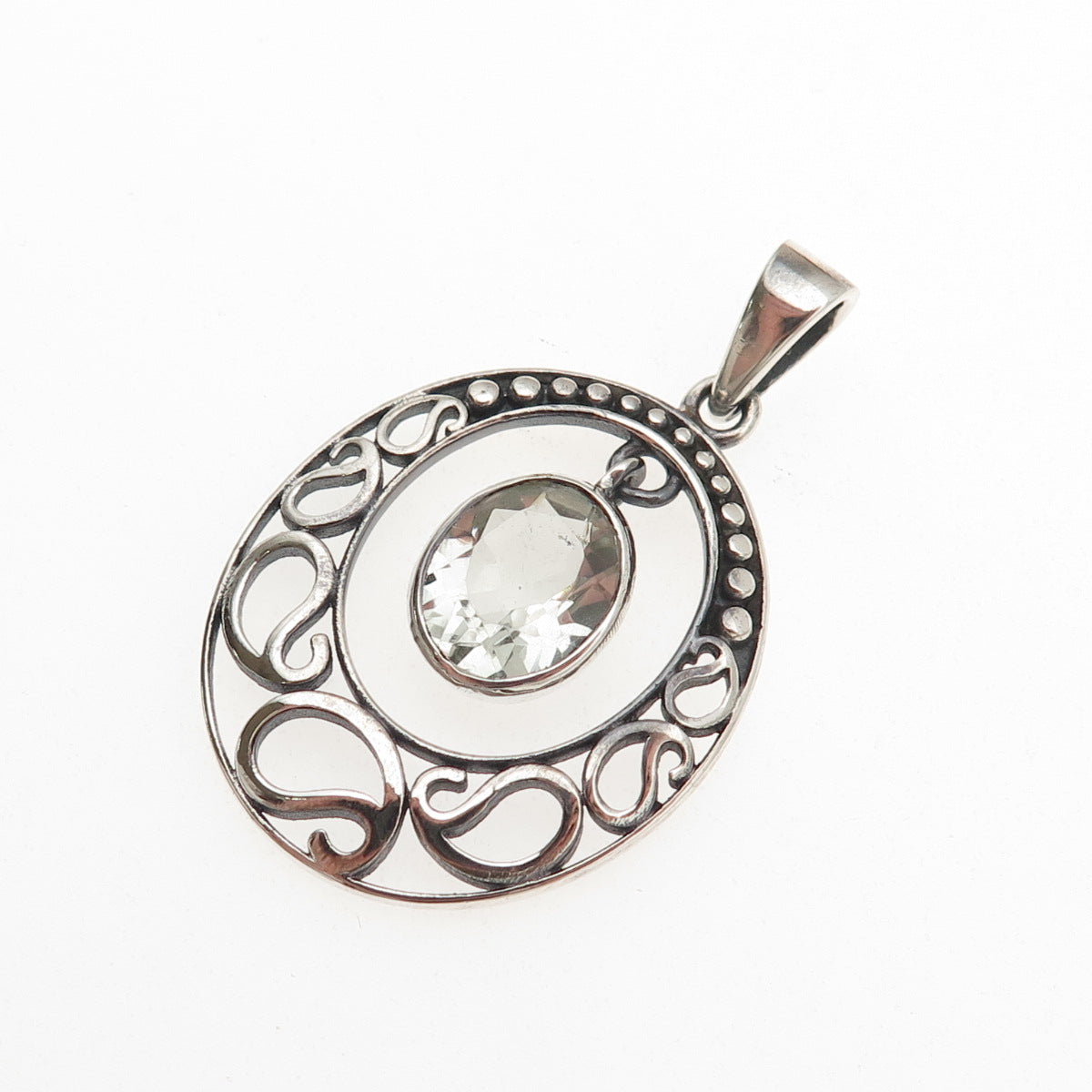 925 Sterling Silver Vintage Real Green Amethyst Crescent Charm Pendant